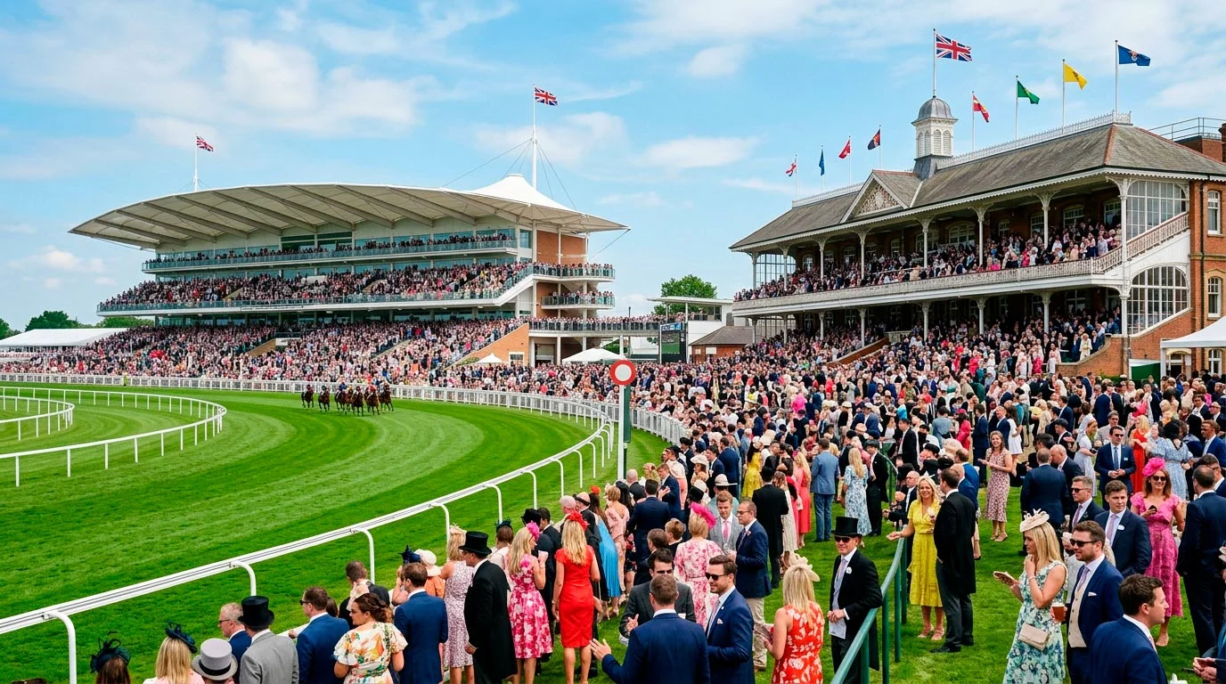 Epsom Downs racecourse grandstand on Derby Festival day