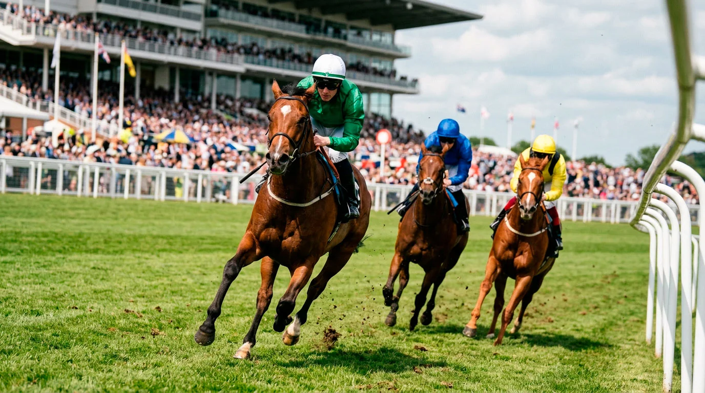 Fillies racing at Tattenham Corner during the Epsom Oaks