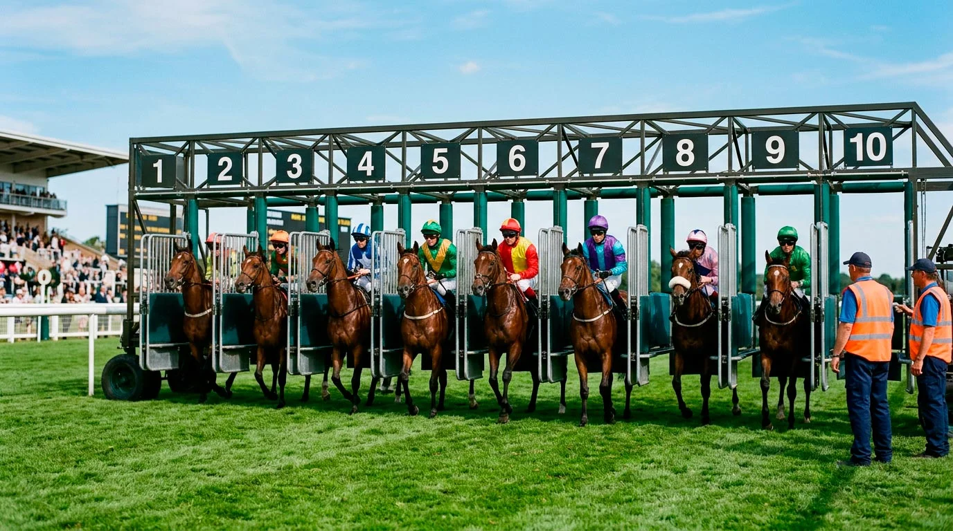 Starting stalls at a flat horse race with jockeys preparing