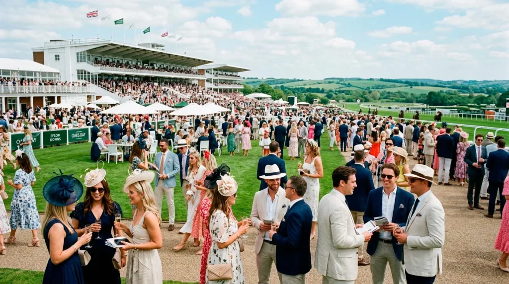 Crowds enjoying Oaks Day atmosphere at Epsom Downs