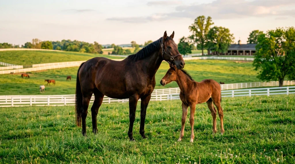 Thoroughbred mare and foal representing Oaks pedigree and breeding
