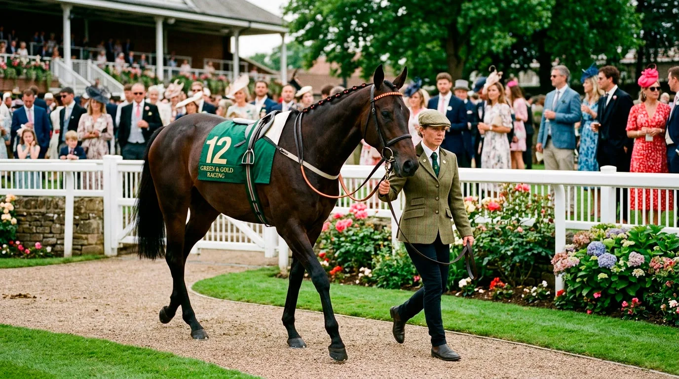 Racehorse filly being paraded in the paddock at Epsom Downs