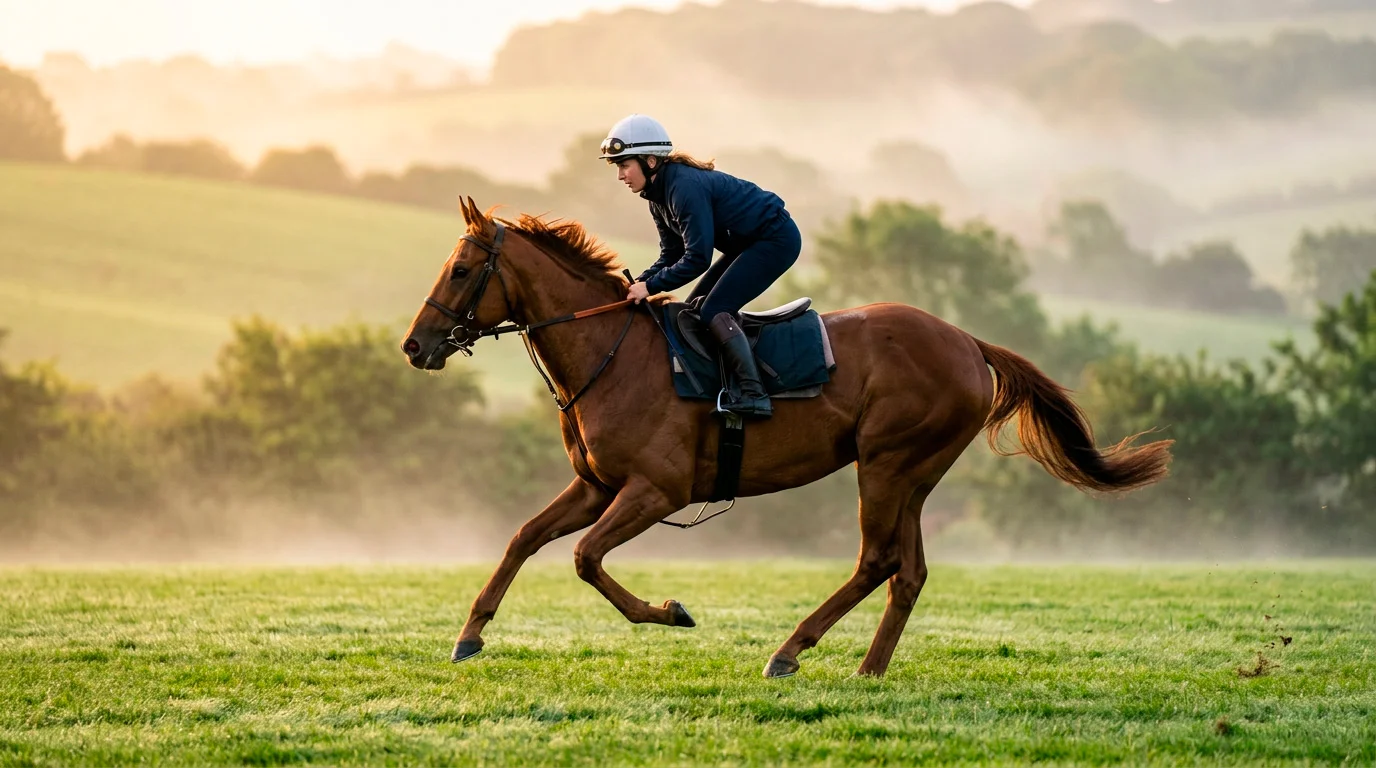 Thoroughbred filly exercising on training gallops in morning light
